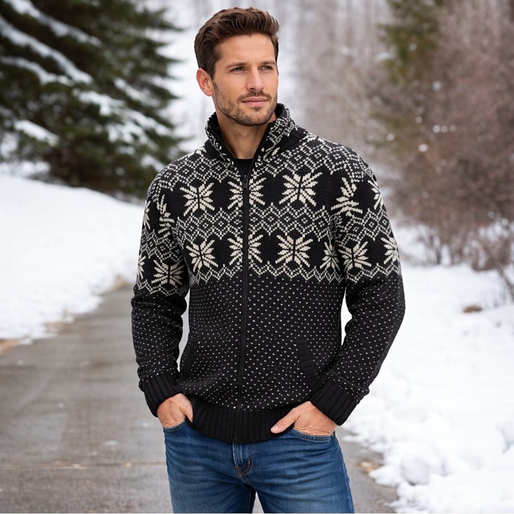 True Rock Men’s XL Black Fair Isle Nordic Knit Sweater Cotton Blend